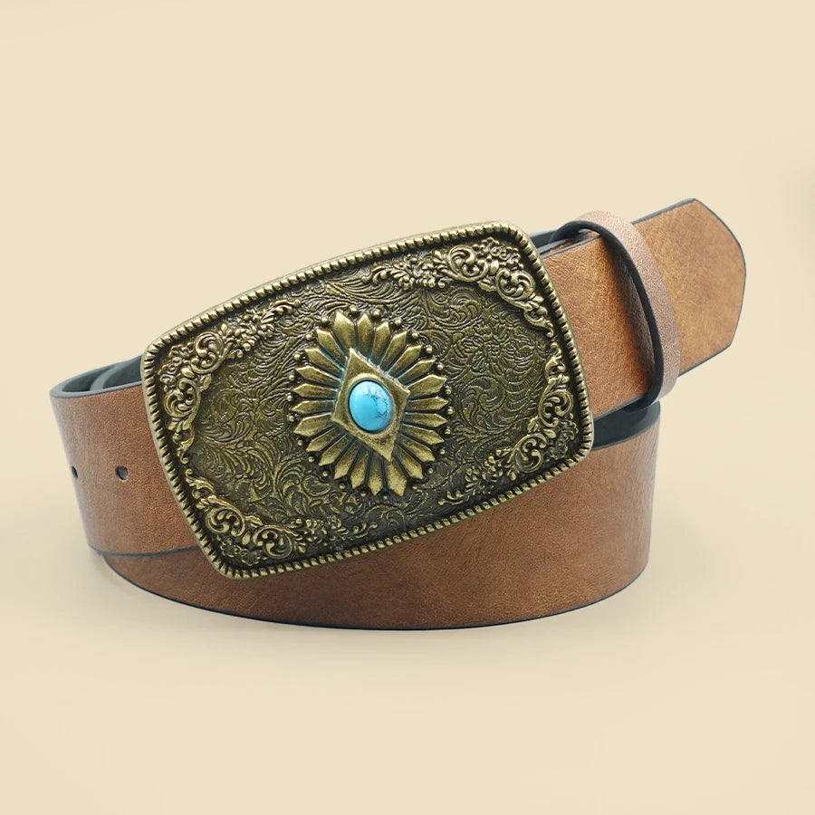 Elegant Vintage Royal Style Women's Belt with Floral Design and Blue Turquoise Inlaid Alloy Buckle - Ideal for Daily Commute and