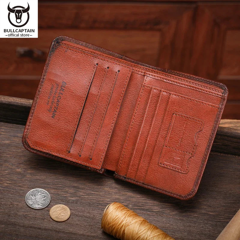 BULLCAPTAIN Men's Genuine Leather Wallet Casual Retro Cash Clip RFID Antimagnetic Multi-Card Slot Cowhide Coin Purse