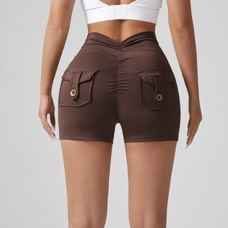 Shorts Wrinkled Tight Hip Tooling Pocket Solid Elastic Waist Yogurt Pant Legging Sets Workout Leggings for Women