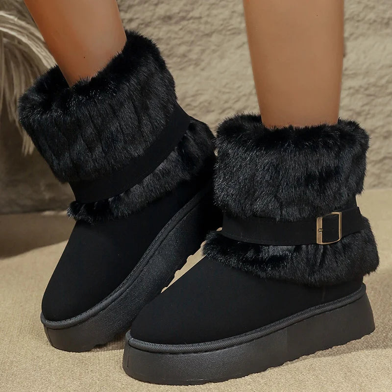 Fashion Buckle Fluffy Fur Boots Women Comfortable Winter Slip On Platform Snow Boots Woman Thick Sole Furry Ankle Botas Mujer