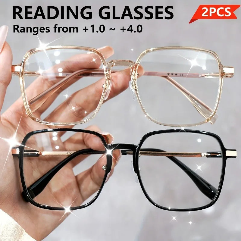 2 Pairs of Large Square Reading Glasses Casual Glasses Computer Reading Glasses Unisex +1.0 To +4.0