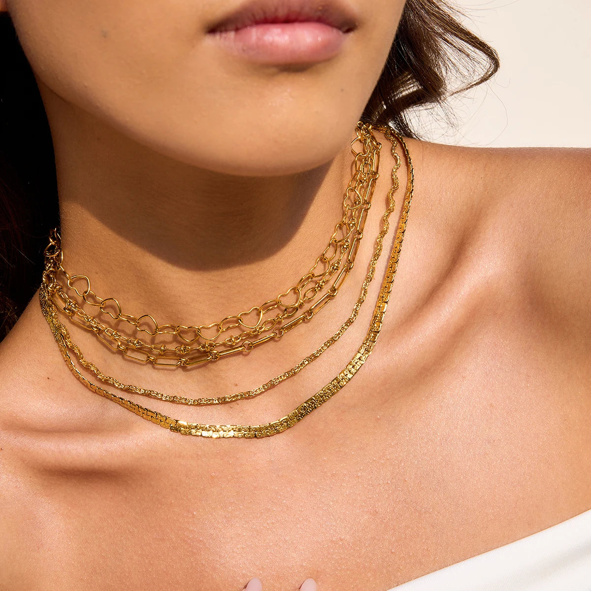 Uworld Simple Classic 18K Gold Color Plated Stainless Steel Heart Hollow Necklace Flat Chain Retro Sand Gold Feel Stackable Neck