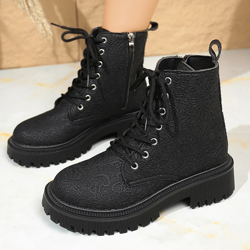 Flower Figure Thick Sole Short Boots Women Fashion Lace Up Platform Ankle Boots Woman 2025 Side Zipper Pu Leather Booties Mujer