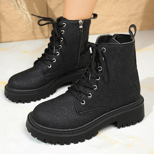 Flower Figure Thick Sole Short Boots Women Fashion Lace Up Platform Ankle Boots Woman 2025 Side Zipper Pu Leather Booties Mujer