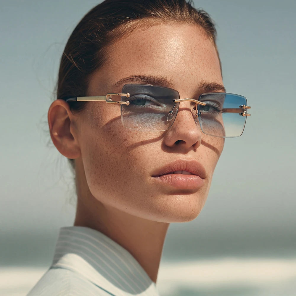 Ruiao Y2K Rimless Square Sunglasses Unisex Diamond Cut Lens Small Frame Retro Fashion UV400 Shades Street Style Eyewear 2026 New