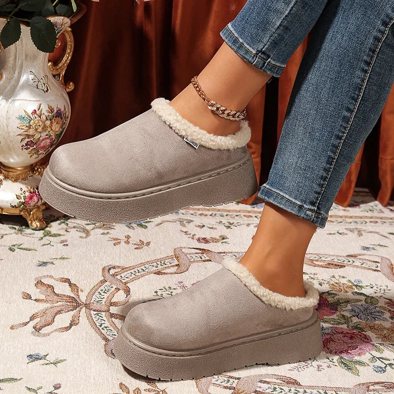 2025 New Faux Suede Fur Slippers Women Winter Slip On Non Slip Thick Sole Snow Boots Woman Warm Thicken Plush Cotton Shoes 36-41