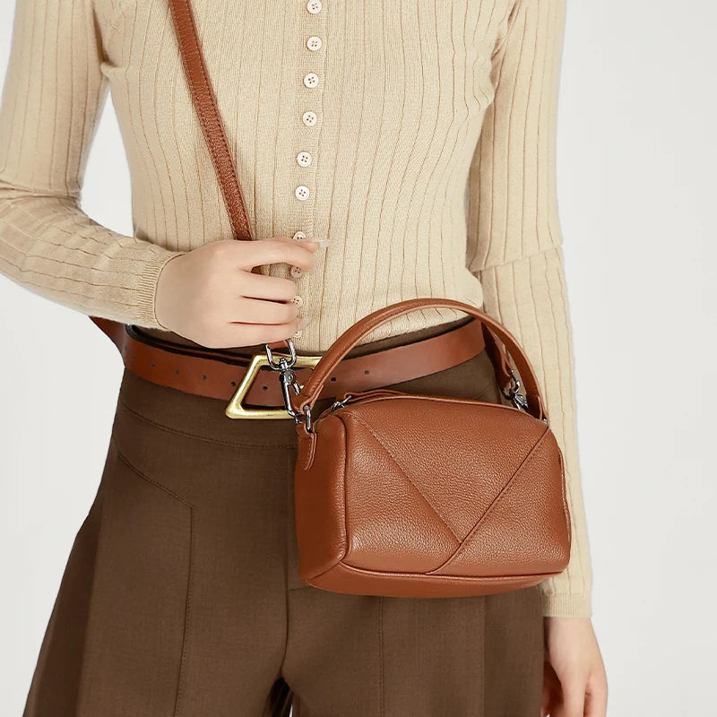Genuine Cowhide Leather Mini Crossbody Bag for Women Pebbled Leather Top Handle Crossbody Bag with Geometric Stitching