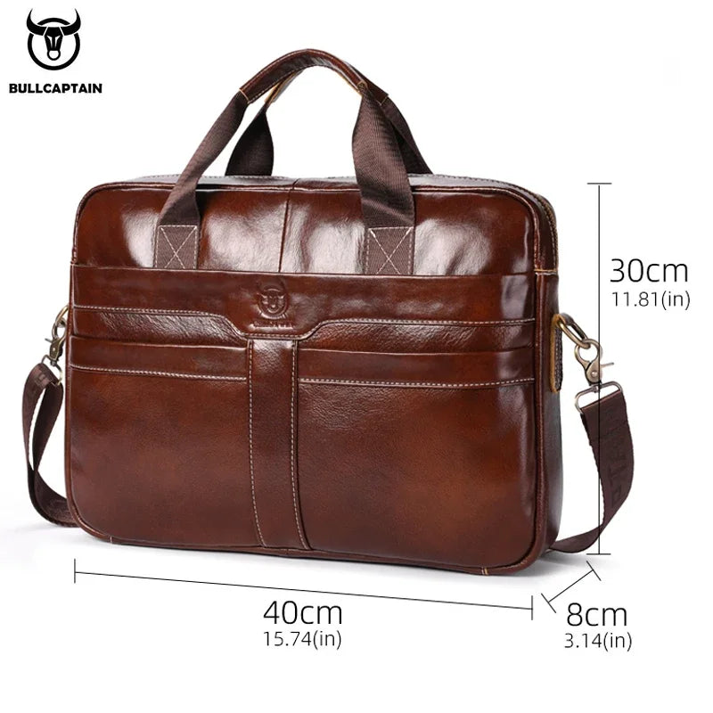 BULLCAPTAIN Leather Laptop Bag, Top Layer Leather 15" Laptop Bag Men's Laptop Briefcase Briefcase Work Business Travel Bag 053