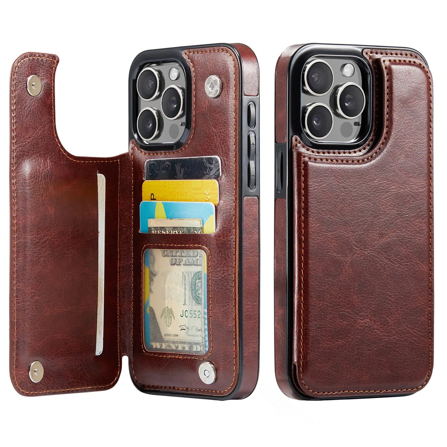 Brown Wallet Card Case for iPhone 16 15 14 13 12 11 Pro Max XS XR Leather Cover