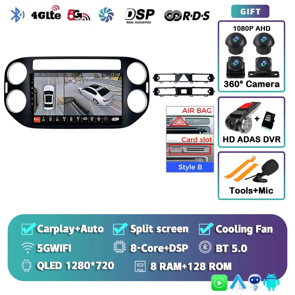 Android 14 For Volkswagen VW Tiguan 2006 - 2016 Golf Car Radio Wireless CarPlay Auto Multimedia Player GPS 4G WiFi 360 Camera