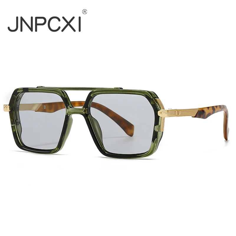 JNPCXI Ins Popular Fashion Double Bridges Square Sunglasses Women Retro Rivets Green Green Men Punk Sun Glasses Shades UV400