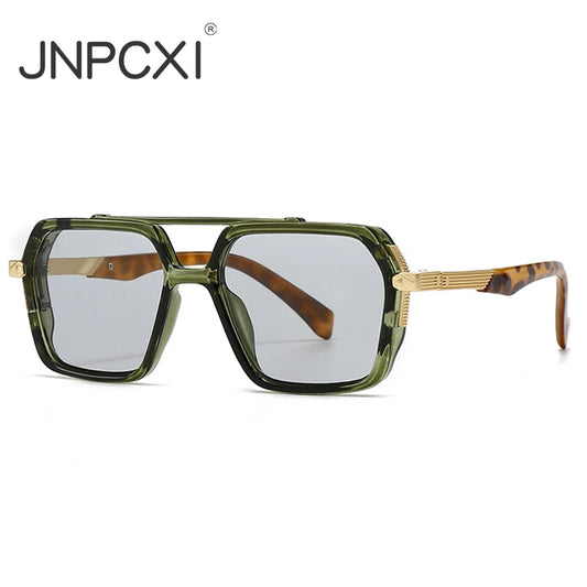 JNPCXI Ins Popular Fashion Double Bridges Square Sunglasses Women Retro Rivets Green Green Men Punk Sun Glasses Shades UV400