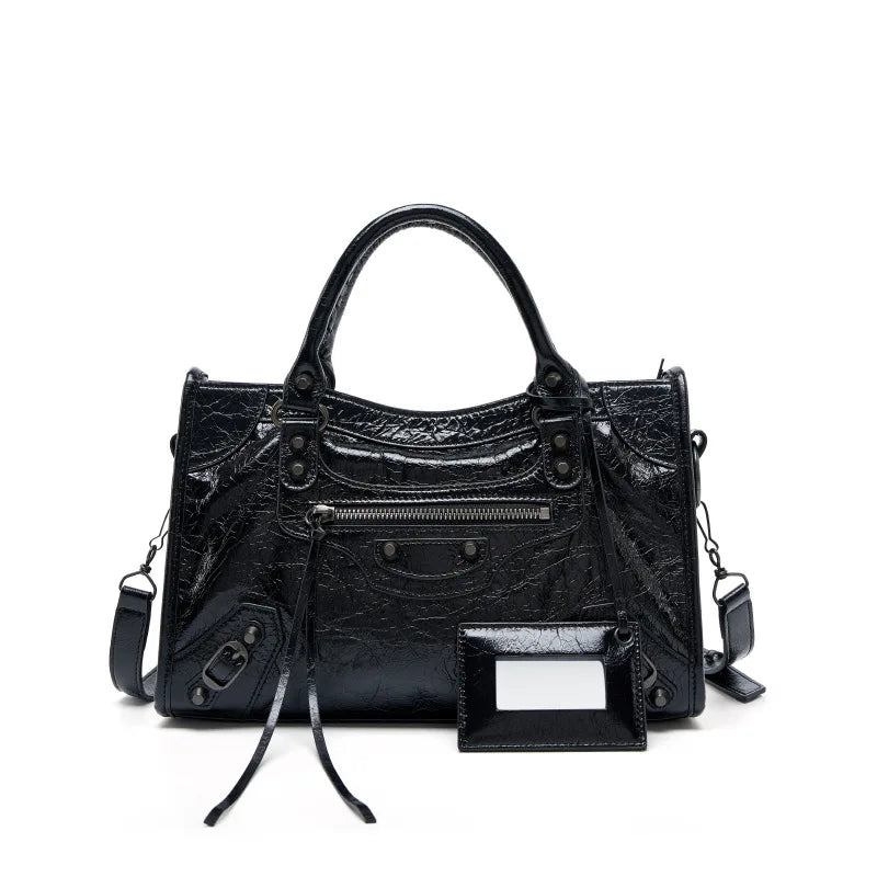 Women's Genuine Leather Tote Bag Waxed Cowhide Large Capacity Motorcycle bag ,Luxury Trendy Versatile All-match Commuting Bag