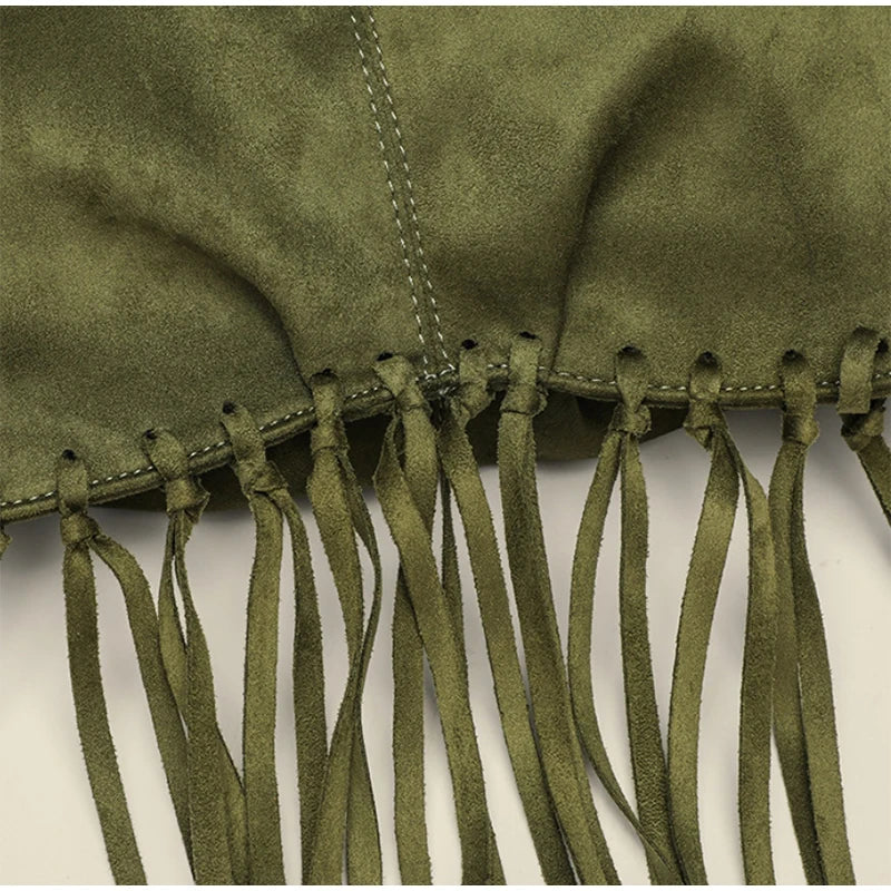 Green Retro Tassel Women Armpit Bag Suede Design Dumpling Shoulder Bag W.Cowboy