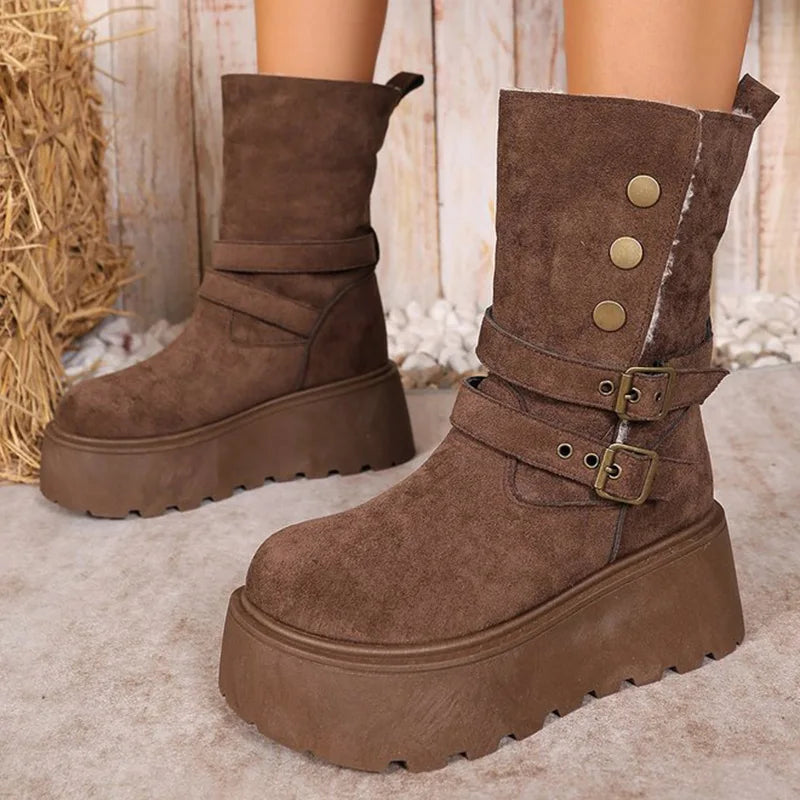 Brown Chunky Platform Women's Snow Boots Winter Retro Button Buckle Detor Snow Boots Woman Faux Suede Keep Warm Botas Mujer