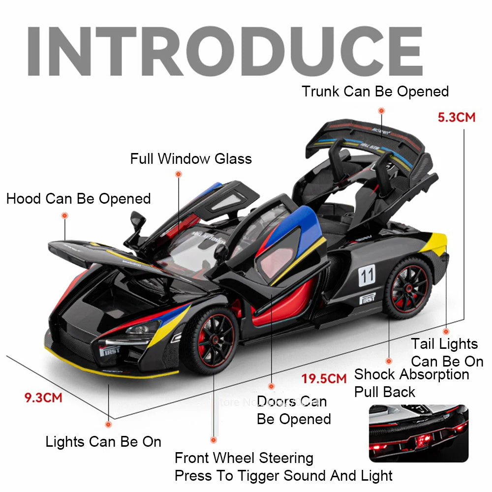 1:24 GT.MK Senna Miniature Model Diecast Alloy Car Toys Shock Absorption Doors Opened Sound Light Pull Back Vehcies Holiday Gift