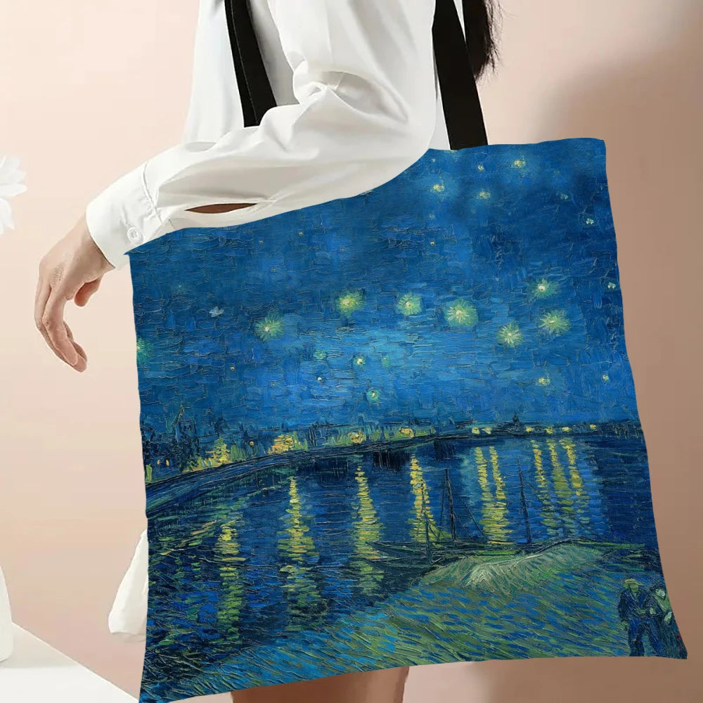 Van Gogh Series Linen Bag Oil Painting Starry Night Flower Handbag Shoulder Bag