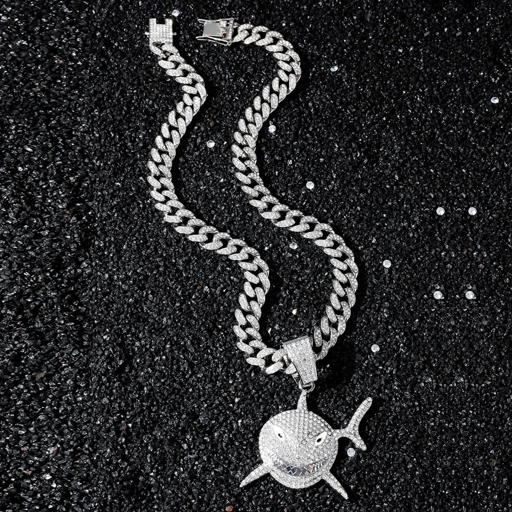 Big Size Shark Pendant Necklace For Men Hip Hop Bling Jewelry With 13mm Iced Out Rhinestone Miami Cuban Chain Fashion Jewelry
