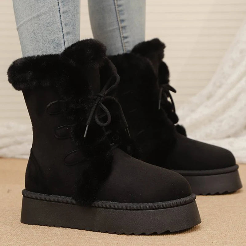 Lace Up Long Plush Snow Boots Women Plus Size 42 Thick Sole Warm Cotton Padded Shoes Woman Thicken Fleece Ankle Boots Female