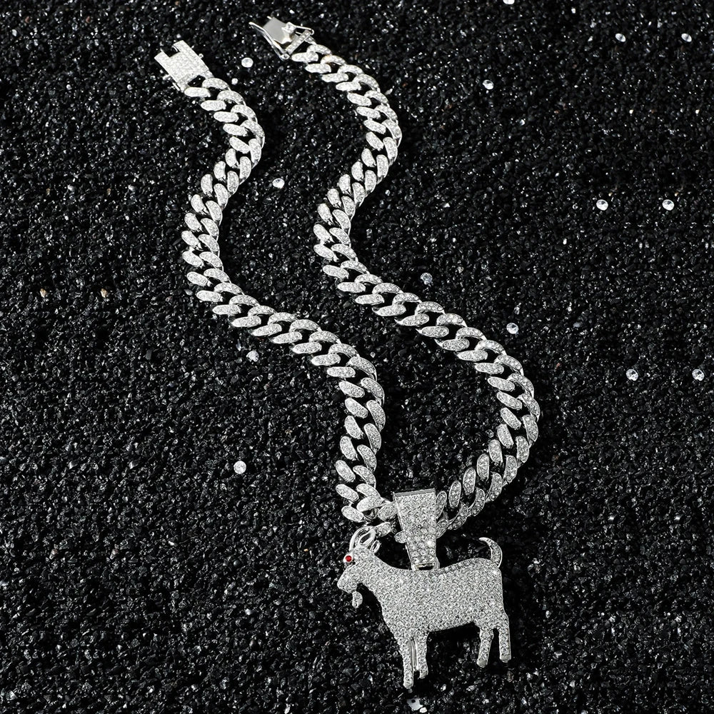 Men Hip Hop Fashion Full Rhinestone Animal Goat Pendant Necklace with 13mm Miami Cuban Chain Necklaces Rapper Rock Jewelry Gift