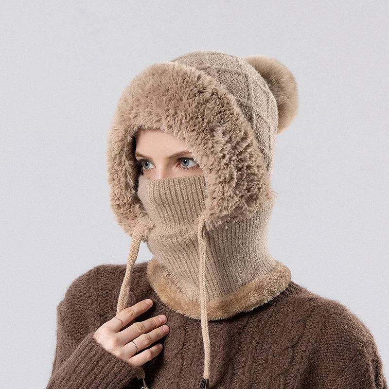 Xinbaoguan 100% Acrylic 8408 cross-border winter velvet knitted yarn hat women's mask scarf integrated warm ear protection hood