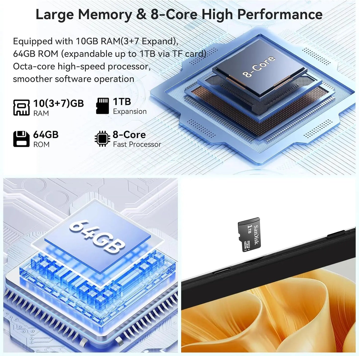 URAO 10" Android 14 Tablet 10GB+64GB 1TB Expand, WiFi 6, 5000mAh Face Detection