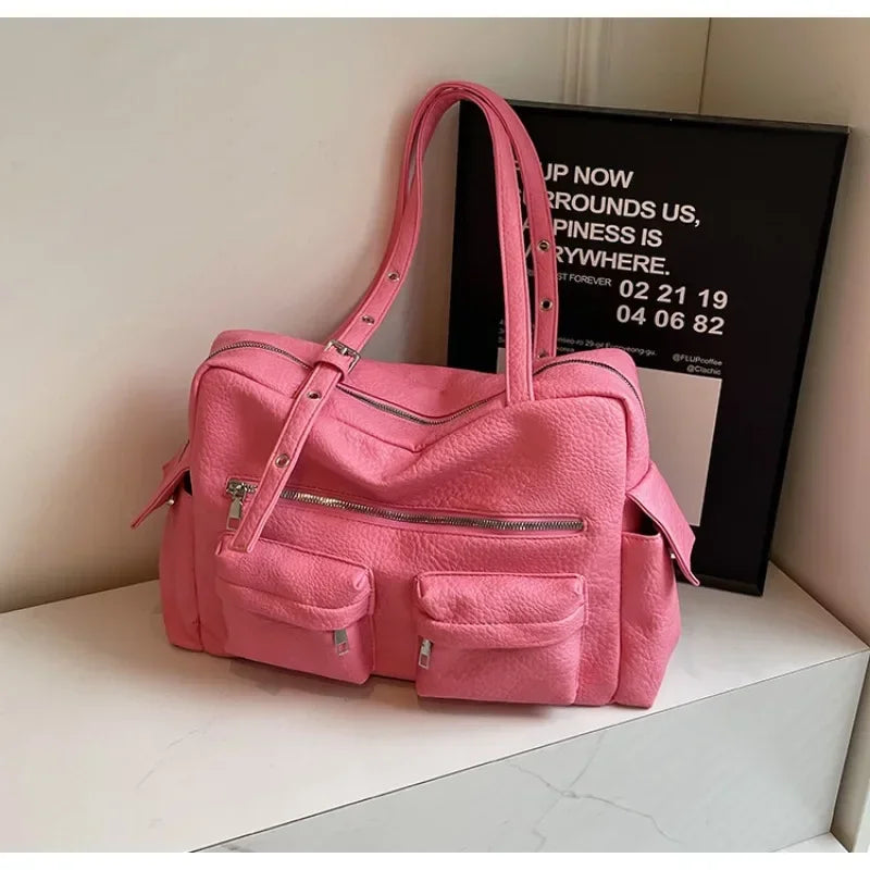 Women PU Leather Shoulder Bag Multi-Pockets Underarm Bag Solid Versatile Commuting Handbag Adjustable Strap Armpit Tote Bag