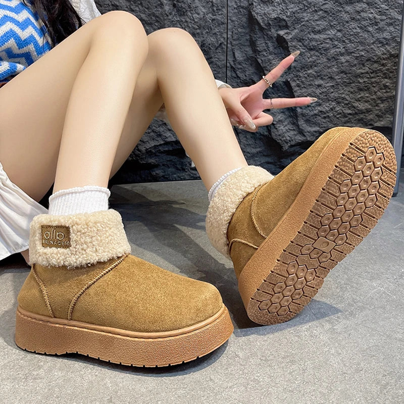 Patchwork Lambswool Platform Snow Boots Women Slip On Thicken Plush Warm Ankle Boots Woman Non Slip Thick Sole Winter Boots 41