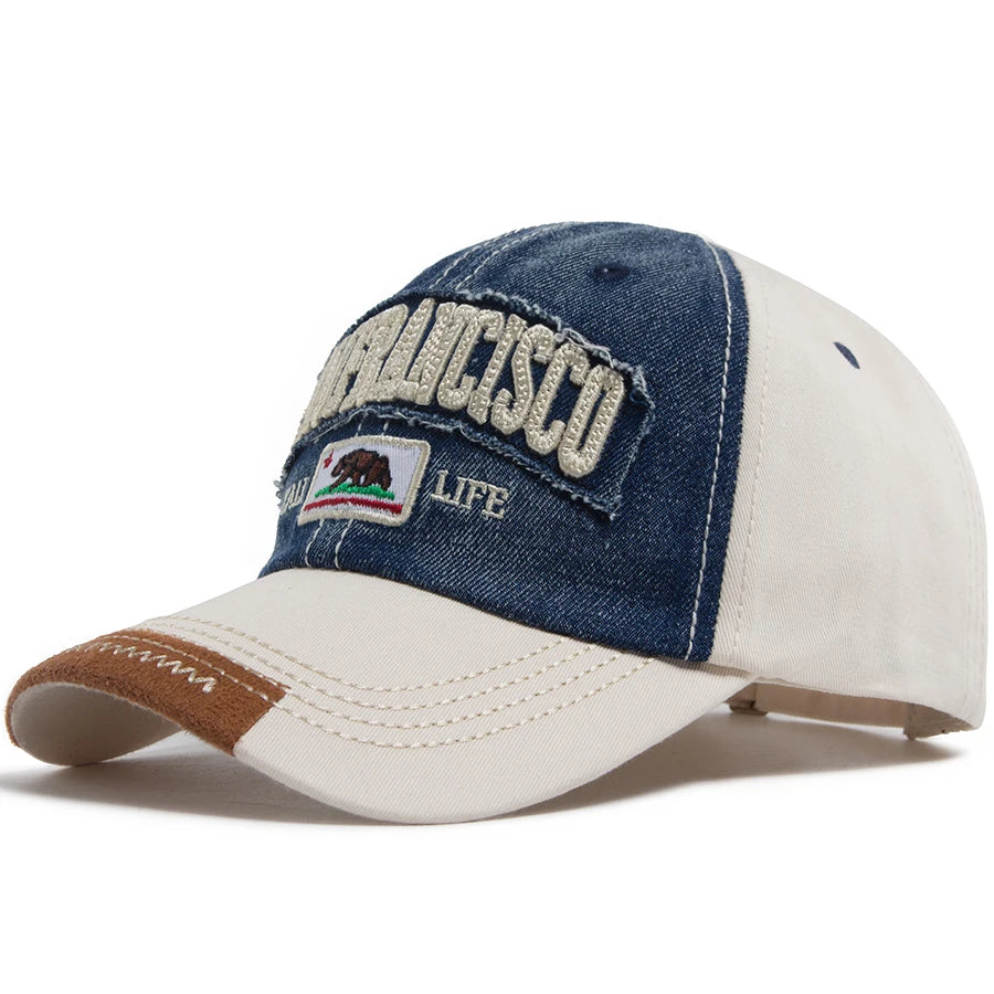 California Bear Baseball Cap Men Women Washed Denim Retro Letter Embroidered Hat Summer Hip Hop Snapback For Daily Wear Casual