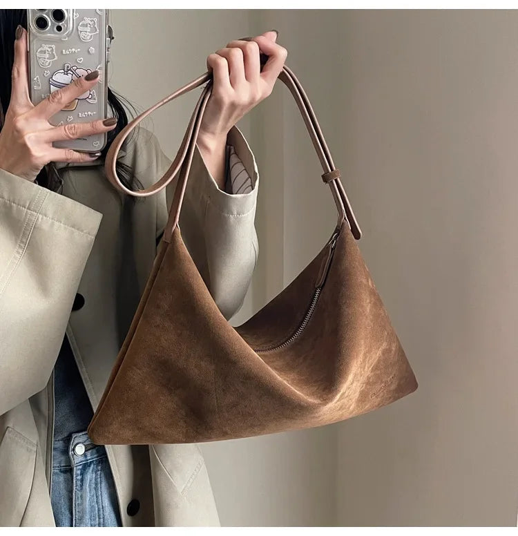 Women's Slouchy Vintage Frosted Suede Shoulder Underarm Bag Simple Tote Bag