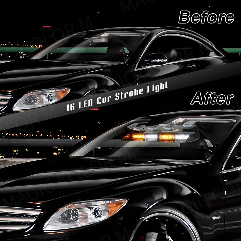 16 LED Car Strobe Light For Emergency Flash Warning Lamp Windshield Bar Red Blue Amber White Waterproof Auto Light Assembly 12V