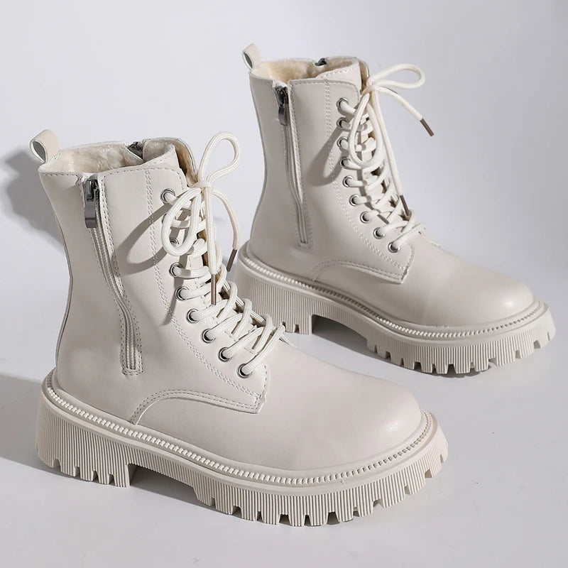 2025 Zippers Platform Ankle Boots for Women Autumn Winter Warm Thick Plush Short Booties Mujer Thick Sole Lace Up Boots Woman