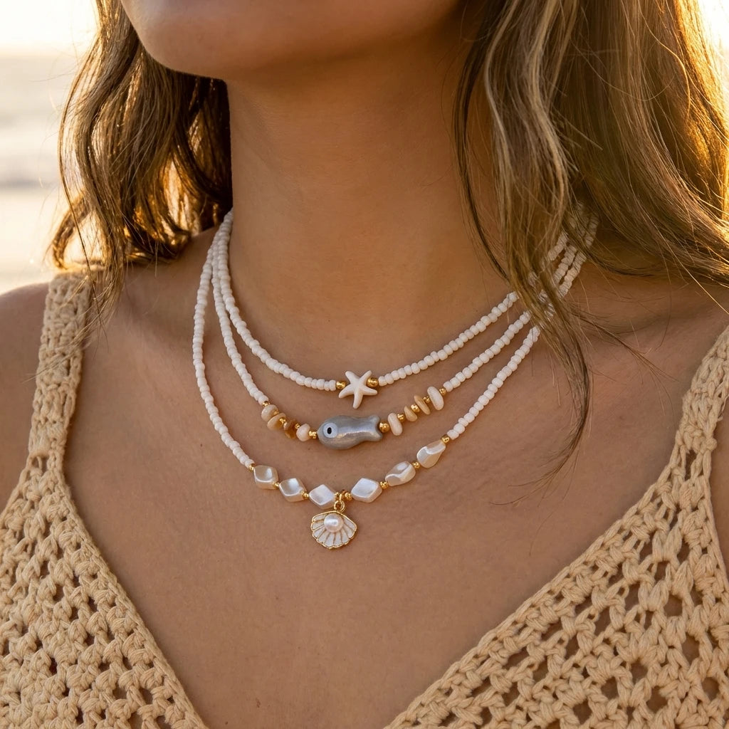 Tropical Fresh 3Pcs Layered Necklace Set For Women Starfish Fish Shell Rice Beaded Summer Beach Jewelry