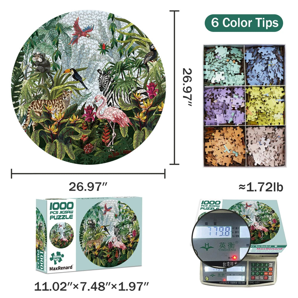 MaxRenard Jigsaw Puzzle 1000 Pieces for Adult Round Puzzle Toy Animal Party Environmentally Friendly Paper Christmas Gift Toy
