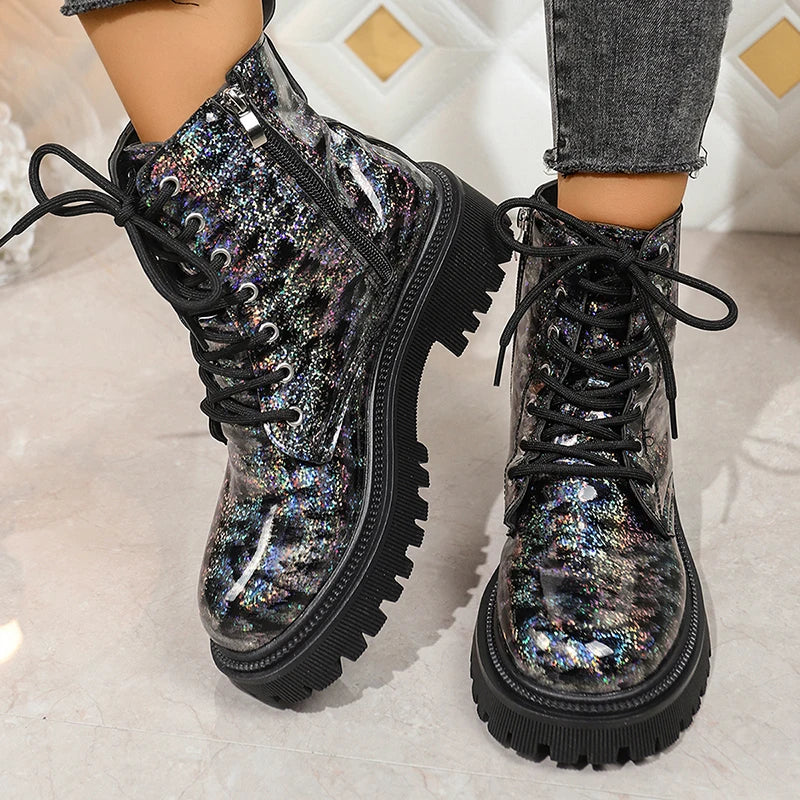 Bright Sequin Platform Ankle Boots Women Autumn Winter Waterproof Short Booties Mujer Fashion Lace Up Thick Sole Boots Plus Size