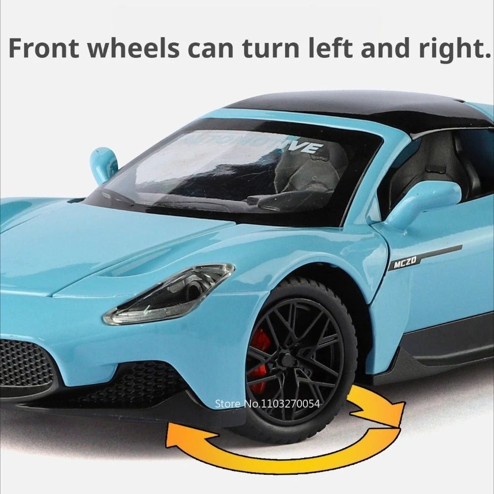 1:24 MC20 GT2 Sportscar Model Alloy Diecast Toys Front Wheel Steering Sound Light Pull Back Miniature Vehices Kid Christmas Gift