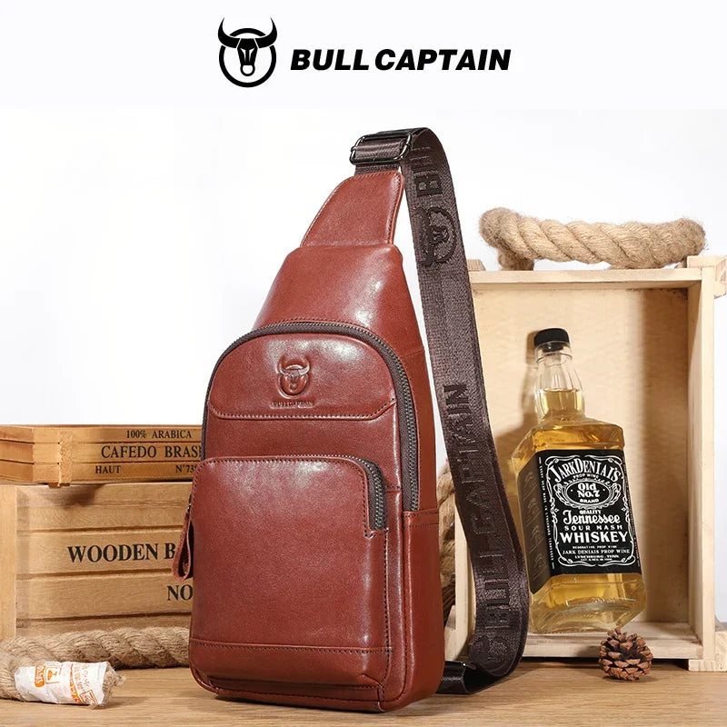 BULLCAPTAIN Men's Genuine Leather Chest Bag Multifunctional 7-inch Mobile Phone Bag Cowhide Casual Retro Shoulder Crossbody Bag