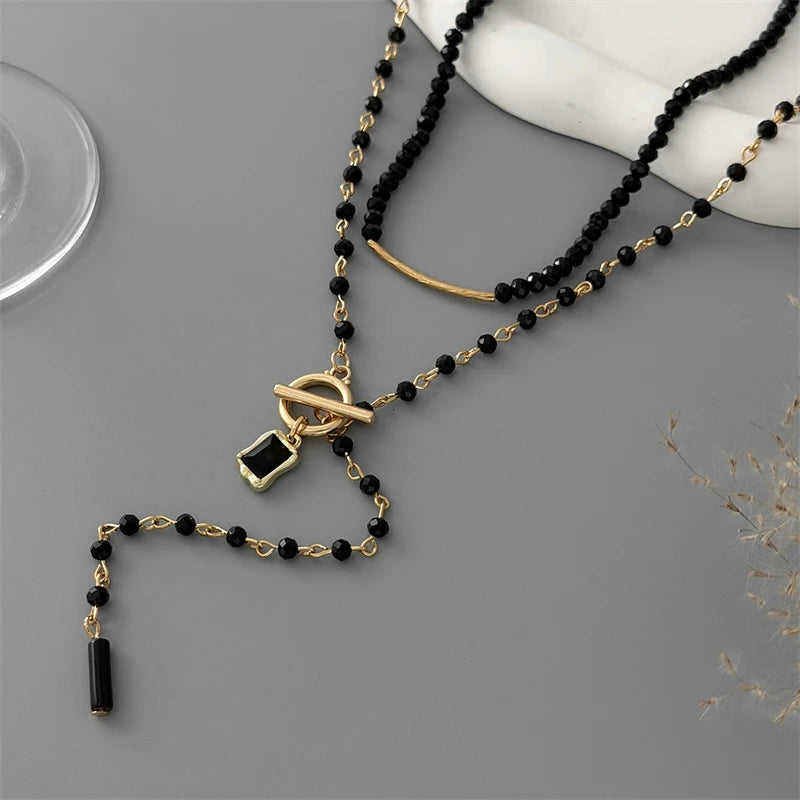 Dark Feminine Edgy 2 Piece Layered Necklace Set for Women Gold Color Black Beaded Choker Square Pendant Y-Drop Aesthetic Jewelry