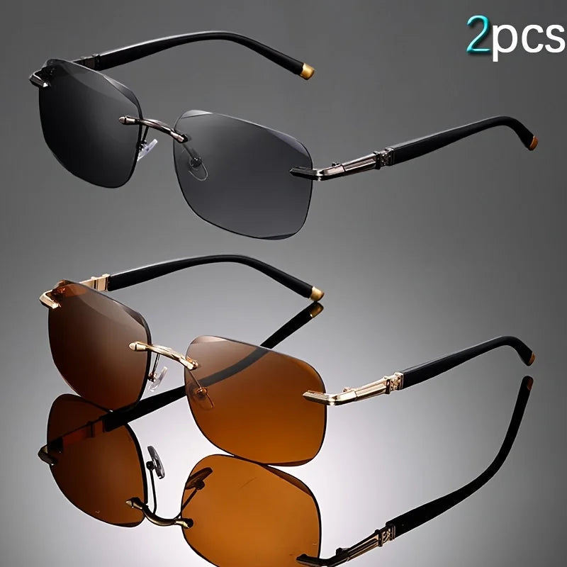 2PCS High Quality Rimless Diamond Cut Lens UV400 Sunglasses Fashion Square Metal Legs Glasses for Men Women