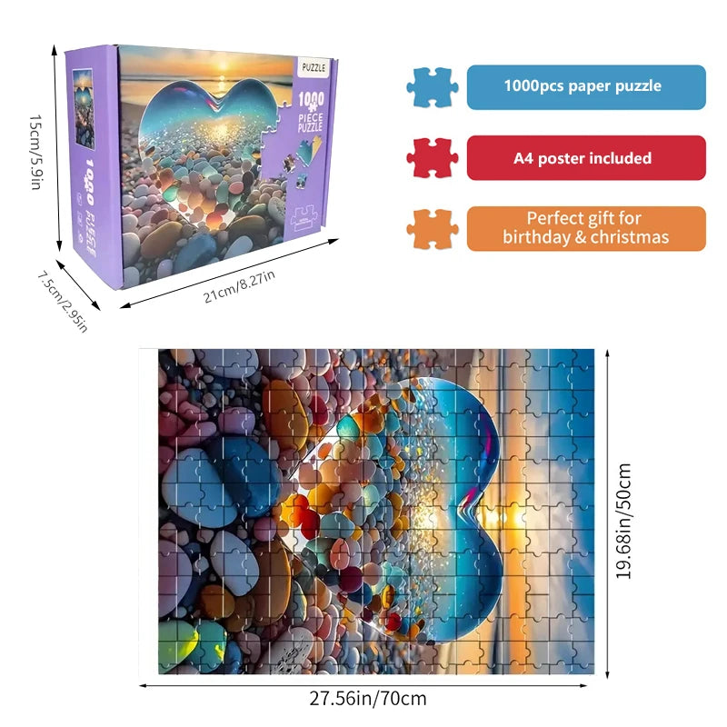 High Quality 70cm*50cm 1000pcs Love Stones Jigsaw Puzzle Adult Stress Relief Beautiful Landscape Painting Puzzle Wall Decor