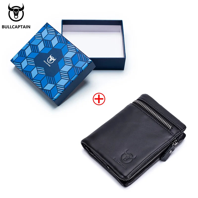 BULLCAPTAIN Short Tri-Fold Buckle Zipper Wallet Men's Cow Leather Wallet Coin Purse Money Bag Business Card Holder RFID Holder