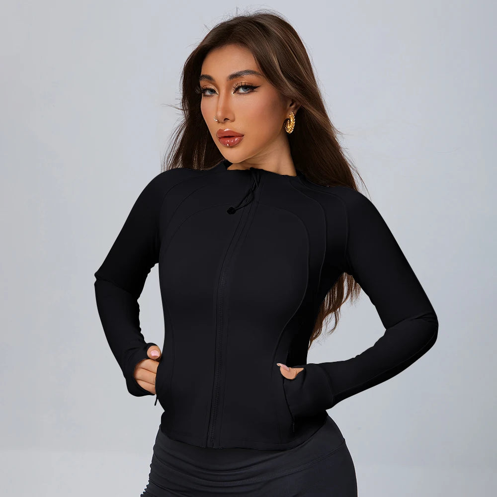 Autumn/Winter Yoga Wear Full-Zip Running Sports Jacket Lightweight Athletic Slim Fit with Thumb Holes