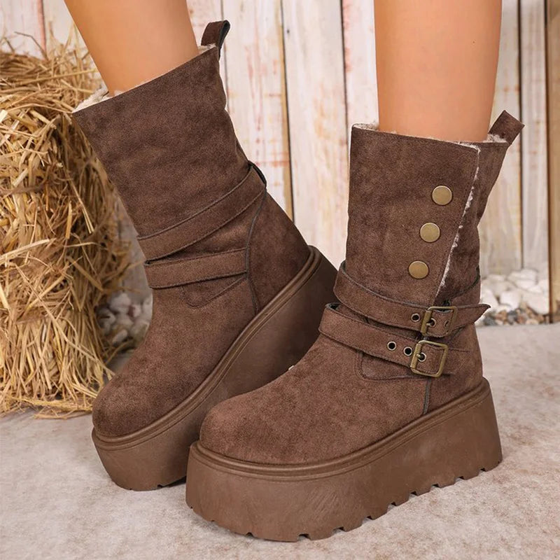 Brown Chunky Platform Women's Snow Boots Winter Retro Button Buckle Detor Snow Boots Woman Faux Suede Keep Warm Botas Mujer