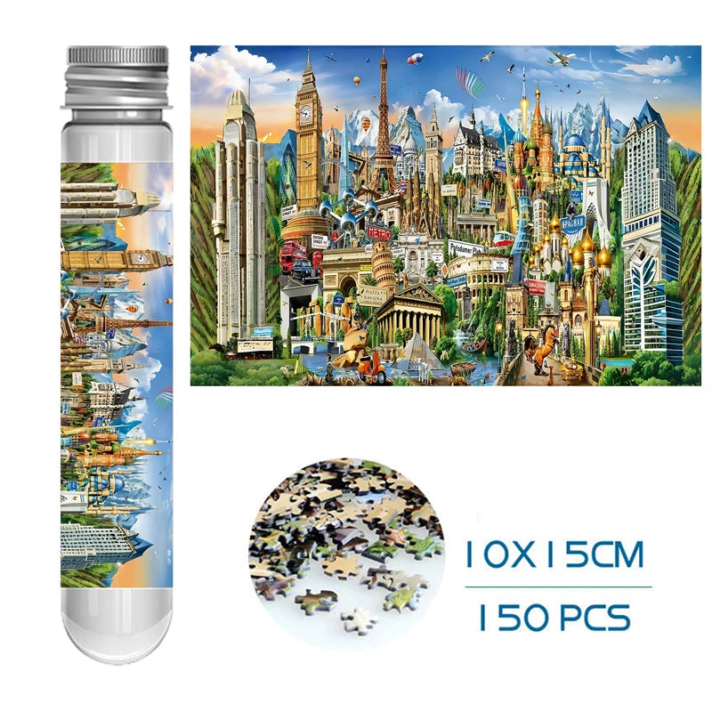 150-Piece Mini Jigsaw Puzzles 10x15cm - Animals, Landscapes & Cartoon Designs for Adults, Family Fun Activity Travel  Gift