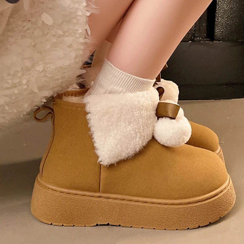 Cute Ball Platform Snow Boots for Women Comfort Thick Bottom Non Slip Fluffy Ankle Boots Woman Slip On Plush Warm Cotton Shoes