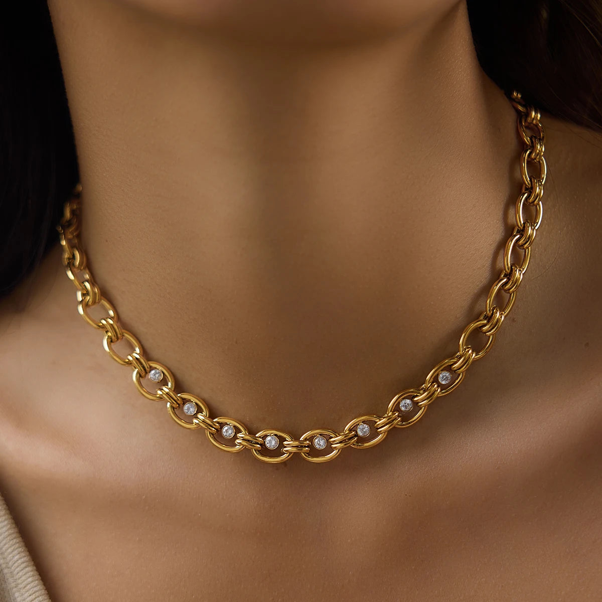 Uworld Delicate Zircon Chunky Chain Necklace Bracelet For Women Minimalist 18K Gold PVD Plated Stainless Steel Necklace Bracelet