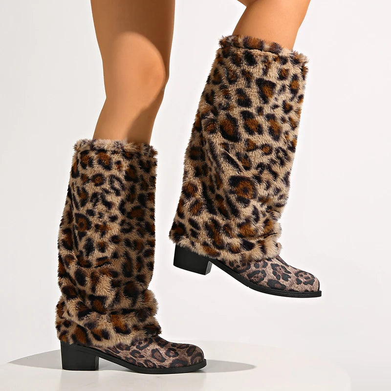 Fashion Leopard Print Fluffy Knee High Boots Women Thick Heels Winter Long Boots Woman Plus Size 42 Slip On Western Botas Mujer
