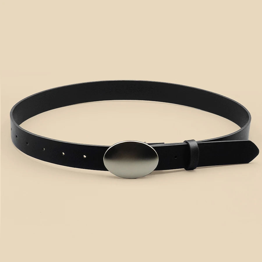 Oval Smooth Metal Buckle Belt, Black Casual Minimalist Belt, Classic Decorative Belt