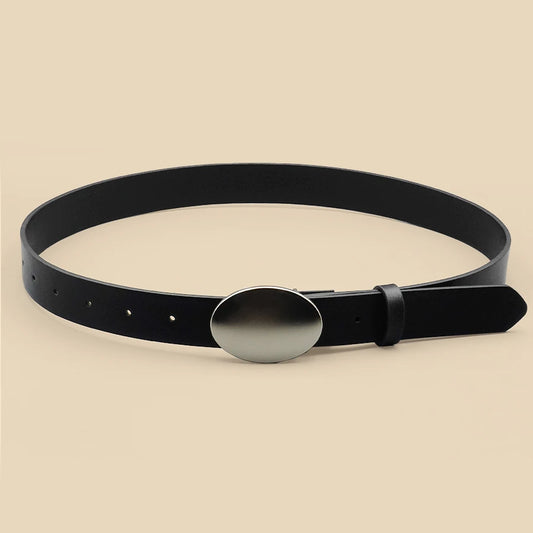 Oval Smooth Metal Buckle Belt, Black Casual Minimalist Belt, Classic Decorative Belt