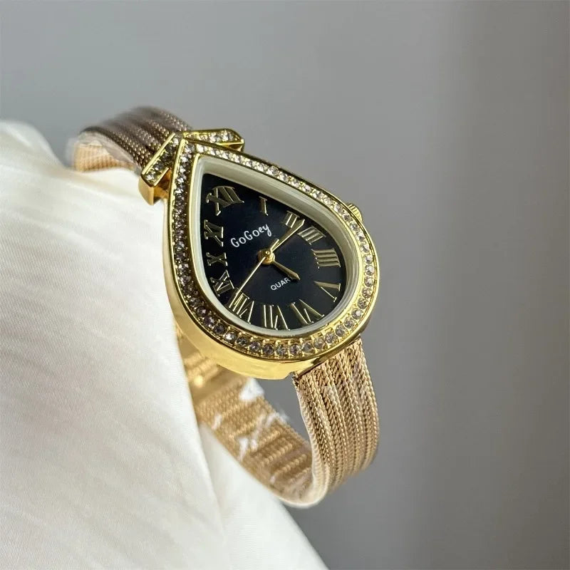 Luxury Gilded Diamond Waterdrop Dial Watch Fashion Women Quartz Watch Roman Scale Watches Wholesale Reloj De Mujer Vintage